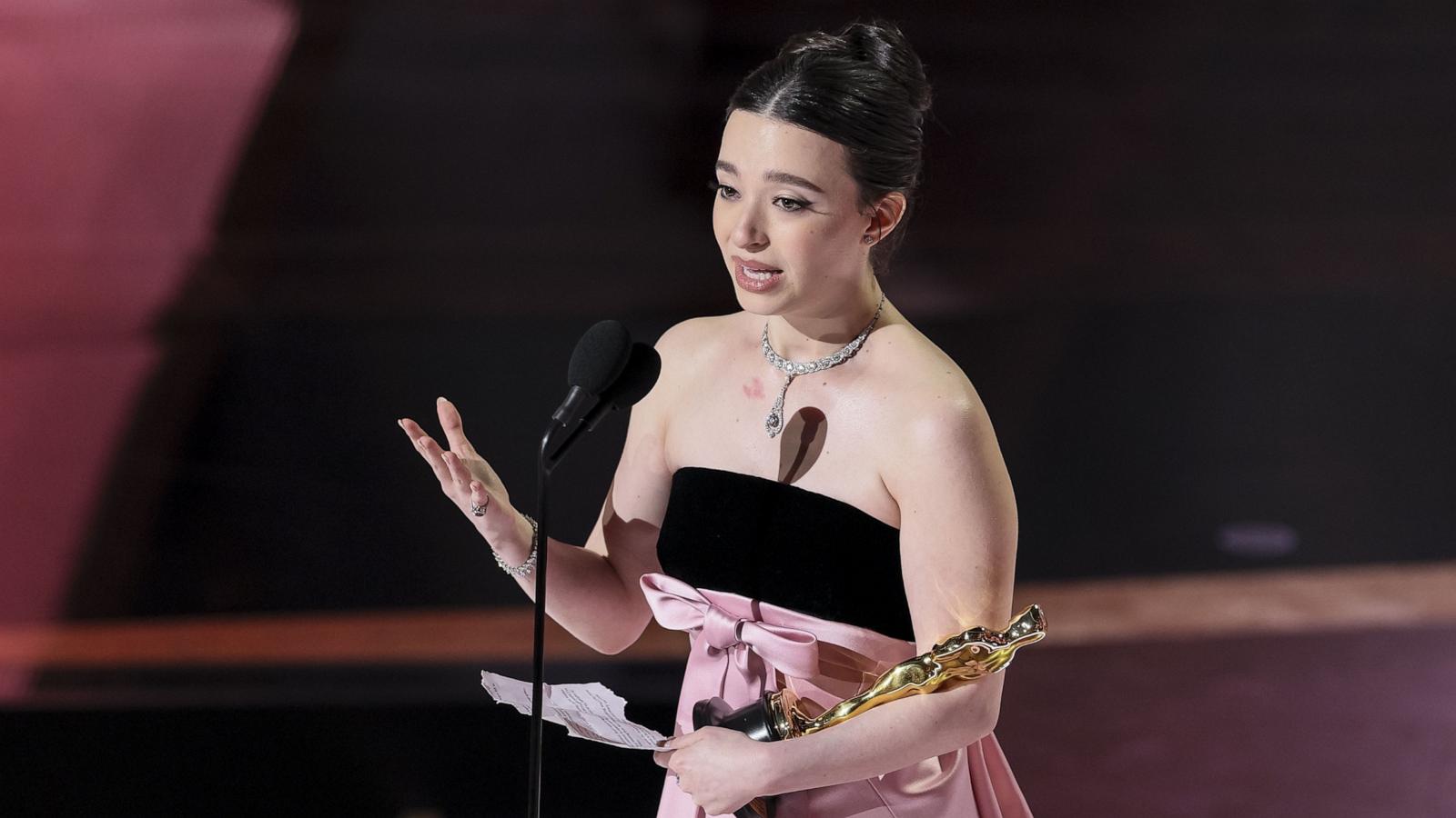 PHOTO: Mikey Madison accepts the Oscar for Best Performance By An Actress In A Leading Role for 'Anora' during the 97th annual Academy Awards in Los Angeles, Mar. 2, 2025.