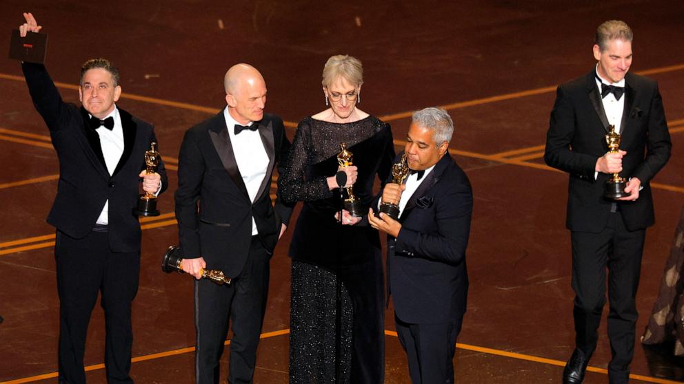 PHOTO: Gareth John, Al Nelson, Gwendolyn Yates Whittle, Gary A. Rizzo and Juan Peralta win the Oscar for Best Sound for "F1" at the 98th Academy Awards, March 15, 2026 in Hollywood, Calif.