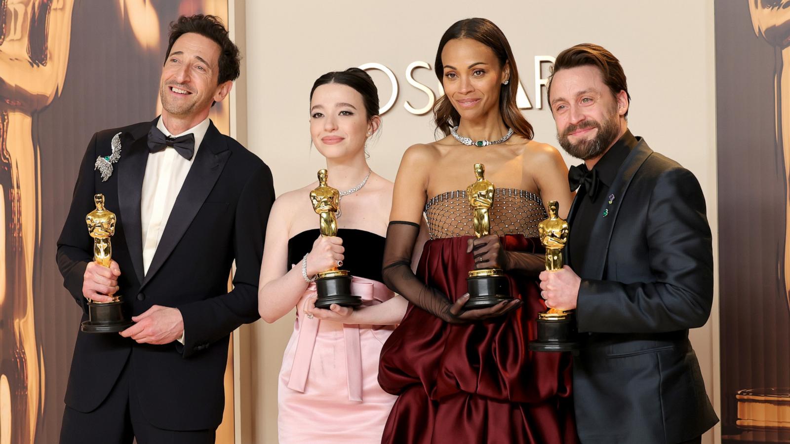 PHOTO: Adrien Brody, Mikey Madison, Zoe Saldana, and Kieran Culkin pose in the press room at the Oscar, Mar. 2, 2025, in Los Angeles.