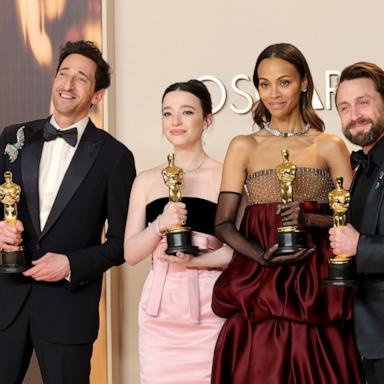 PHOTO: Adrien Brody, Mikey Madison, Zoe Saldana, and Kieran Culkin pose in the press room at the Oscar, Mar. 2, 2025, in Los Angeles.