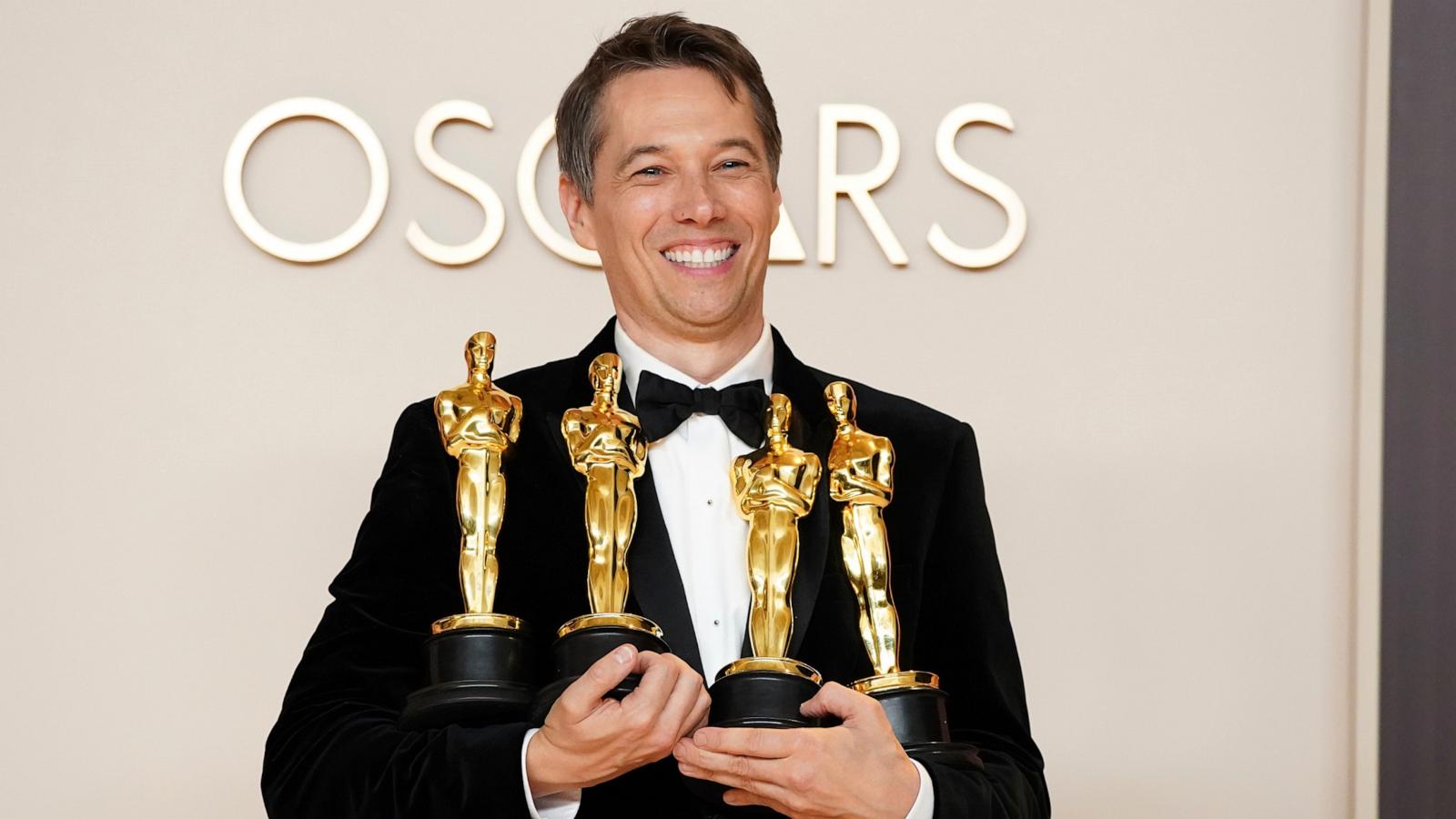 PHOTO: Sean Baker, winner of the awards for best original screenplay, best film editing, best director, and best picture for "Anora," poses in the press room at the Oscars, Mar. 2, 2025, in Los Angeles.