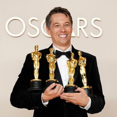 PHOTO: Sean Baker, winner of the awards for best original screenplay, best film editing, best director, and best picture for "Anora," poses in the press room at the Oscars, Mar. 2, 2025, in Los Angeles.