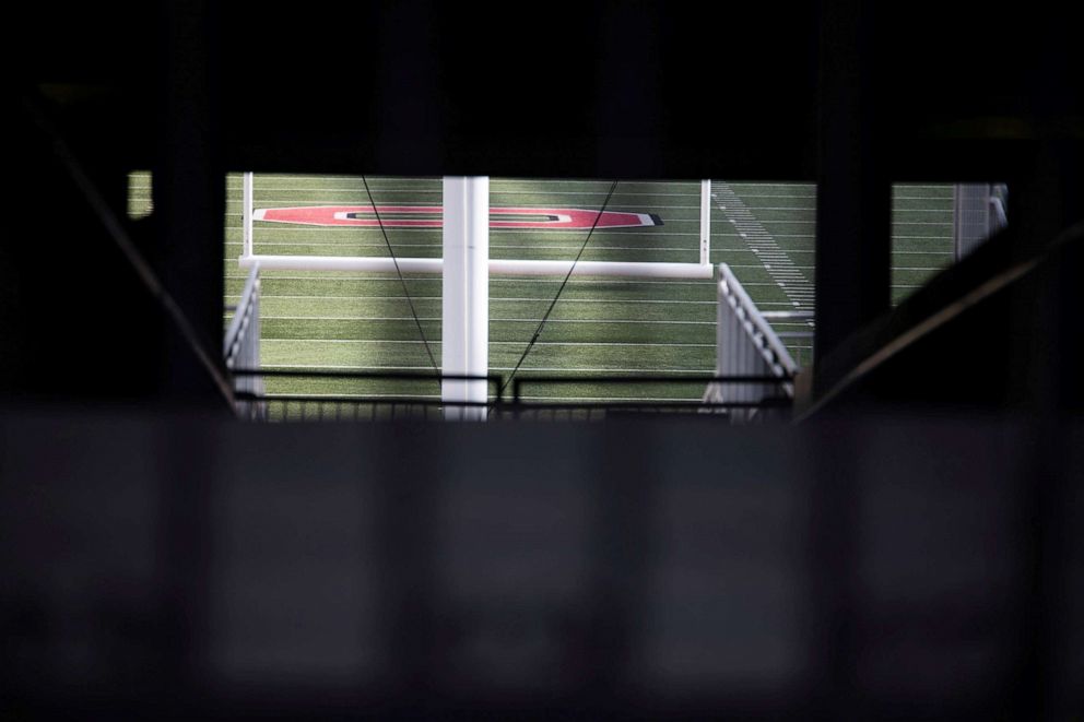 PHOTO: The football field at Ohio State behind closed gates in Columbus, Ohio, Aug. 11, 2020.