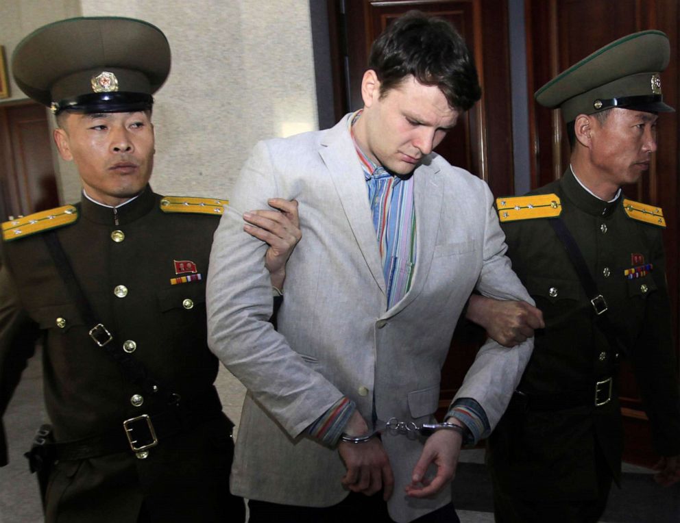 PHOTO: In this March 16, 2016, file photo, American student Otto Warmbier, center, is escorted at the Supreme Court in Pyongyang, North Korea.