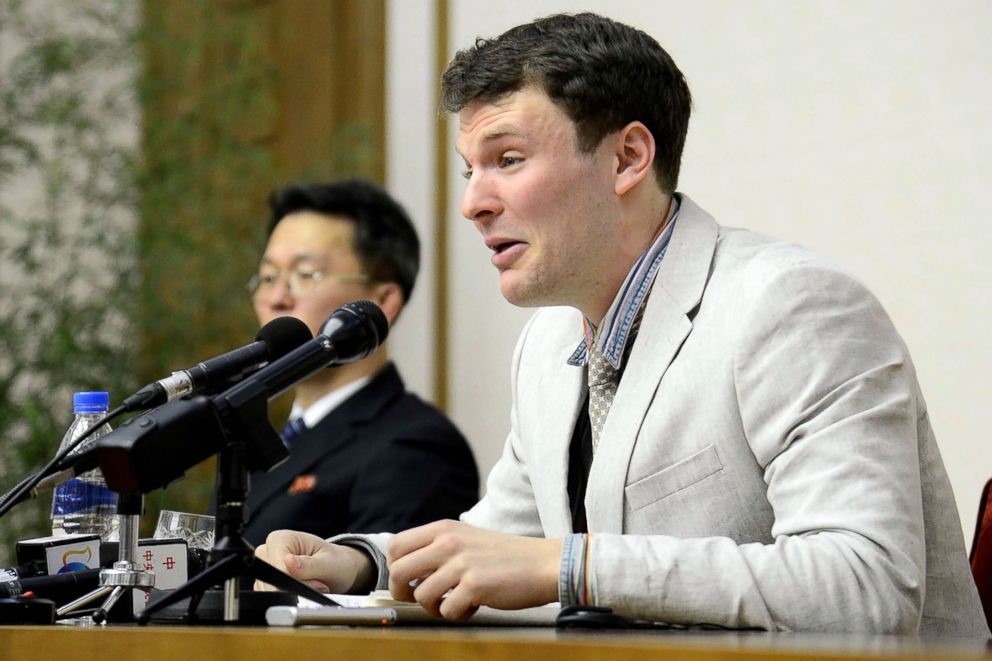 PHOTO: US student Otto Frederick Warmbier, who was arrested for committing hostile acts against North Korea, speaks at a press conference in Pyongyang, Feb. 29, 2016.