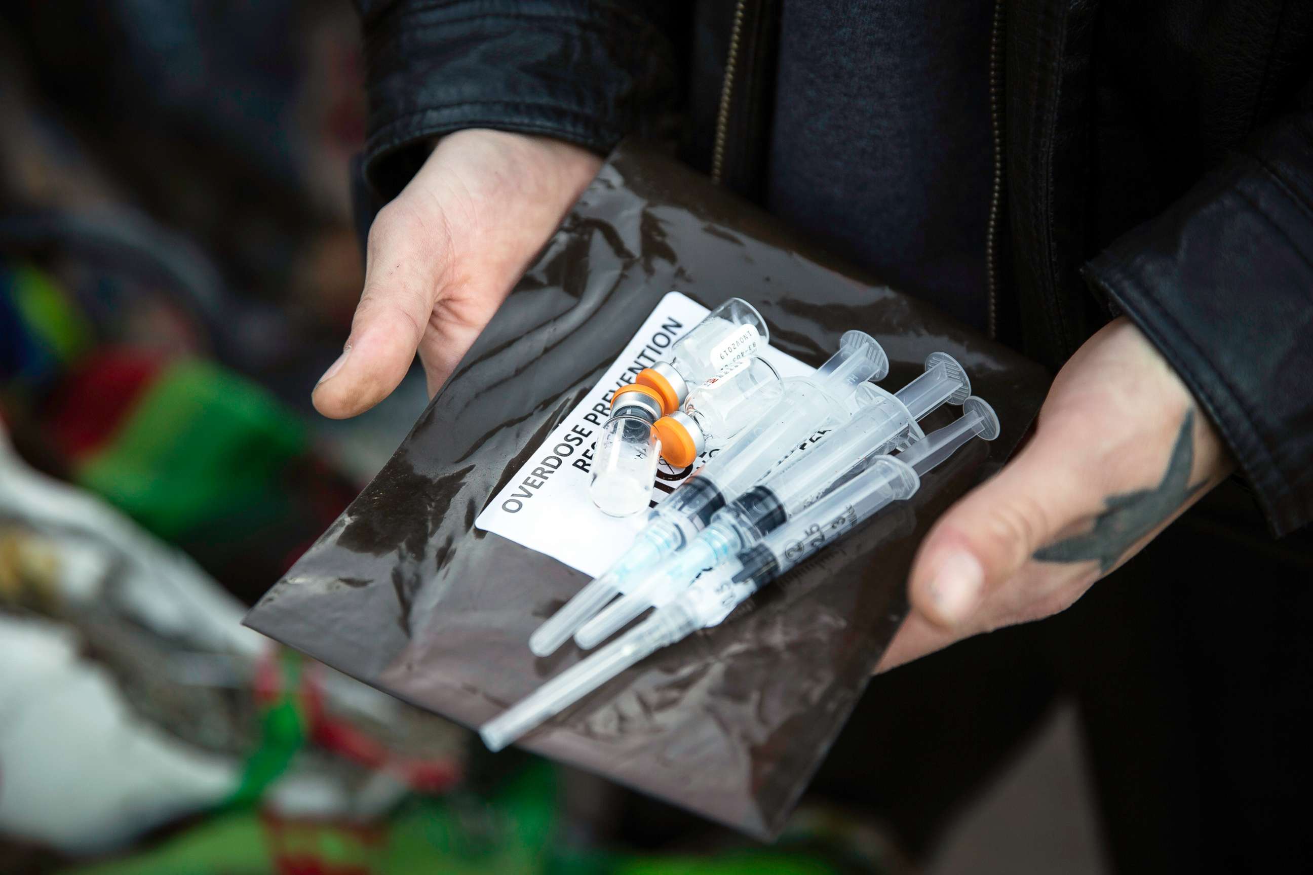 PHOTO: Narcan kits are available at a homeless encampment in Minneapolis, Oct. 22, 2018. 