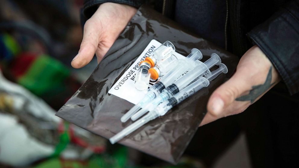 PHOTO: Narcan kits are available at a homeless encampment in Minneapolis, Oct. 22, 2018. 