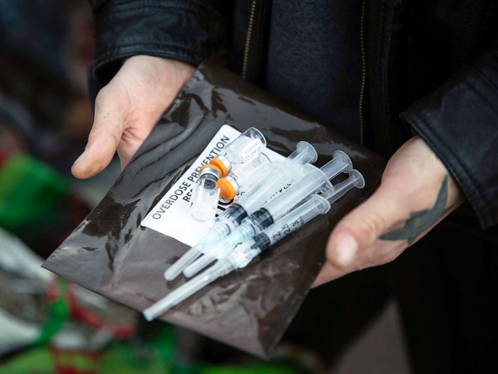 PHOTO: Narcan kits are available at a homeless encampment in Minneapolis, Oct. 22, 2018.