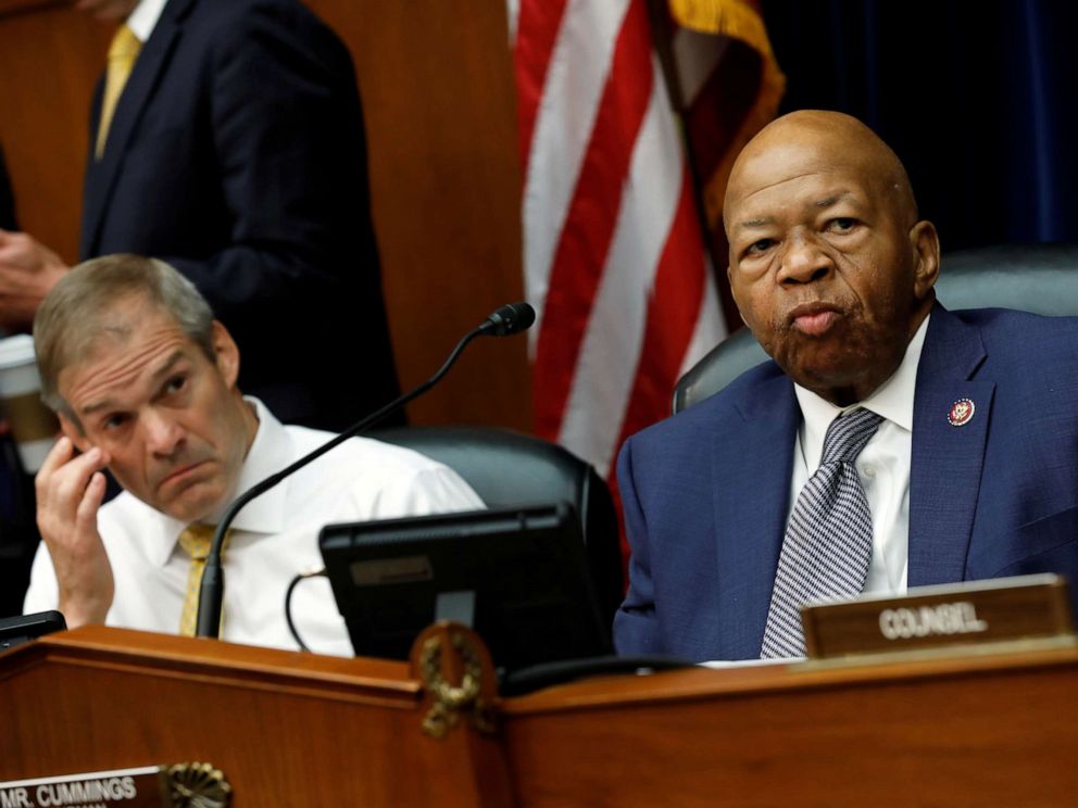 PHOTO: House Oversight and Reform Committee chairman Rep. Elijah Cummings and Rep. Jim Jordan wait for votes on whether to find Attorney General William Barr and Commerce Secretary Wilbur Ross in contempt of Congress on Capitol Hill, June 12, 2019.
