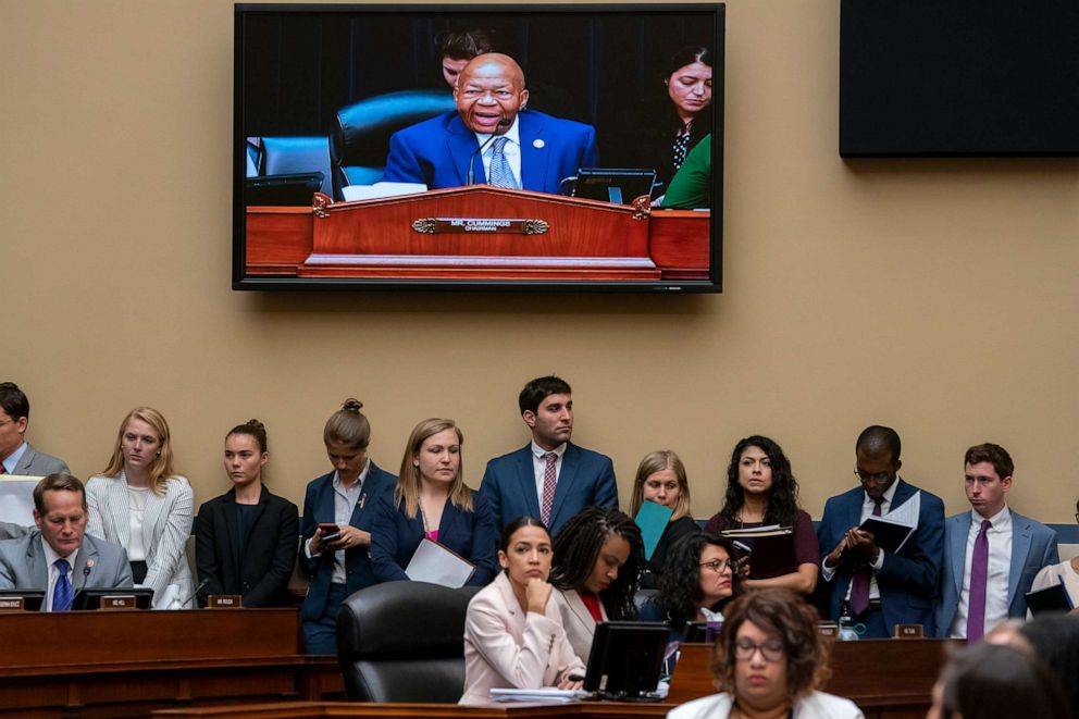 PHOTO: House Oversight and Reform Committee Chairman Elijah E. Cummings is seen on a monitor during a meeting in Washington, June 12, 2019.