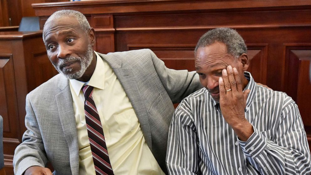 PHOTO: Nathan Myers, left, embraces his uncle, Clifford Williams, during a news conference after their 1976 murder convictions were overturned, March 28, 2019 in Jacksonville, Fla.
