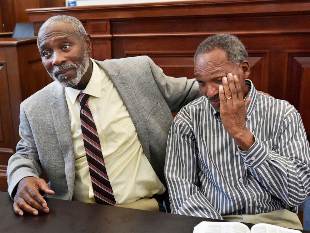 PHOTO: Nathan Myers, left, embraces his uncle, Clifford Williams, during a news conference after their 1976 murder convictions were overturned, March 28, 2019 in Jacksonville, Fla.
