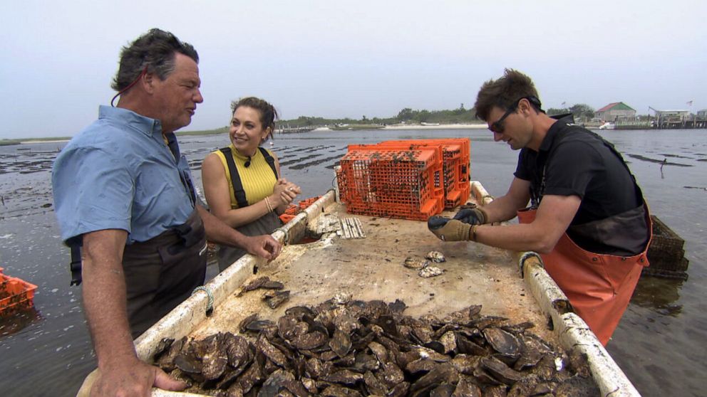PHOTO: ABC News Chief Meteorologist Ginger Zee talks with Chuck Westfall on his oyster farm in Long Island, New York, on May 26, 2021.