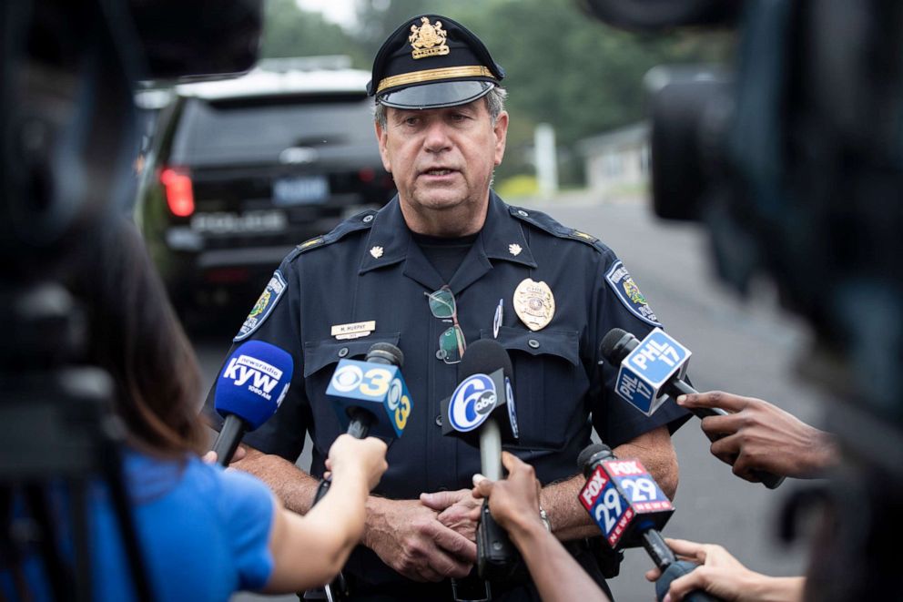 PHOTO: Upper Moreland Police Chief Michael Murphy speaks with members of the media about a small plane crash sets in a residential neighborhood in Upper Moreland, Pa., Thursday, Aug. 8, 2019.