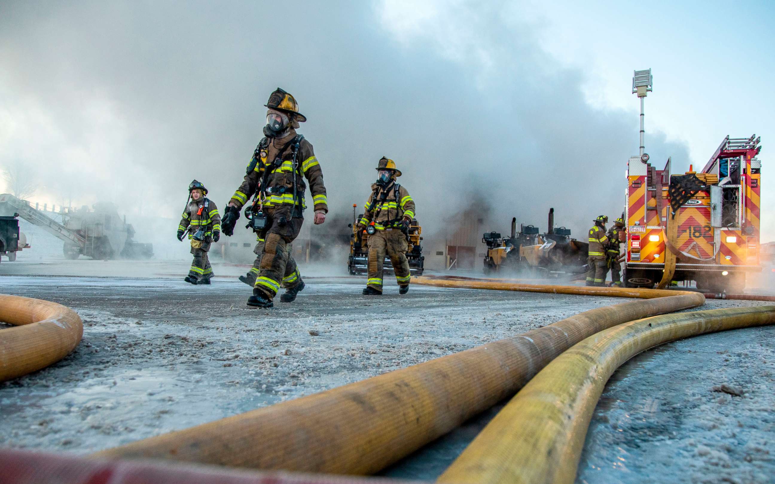 PHOTO: More than a dozen fire companies work at the scene of a fire at Lindy's Paving warehouse, Jan. 31, 2019, in Big Beaver Township, Pa.