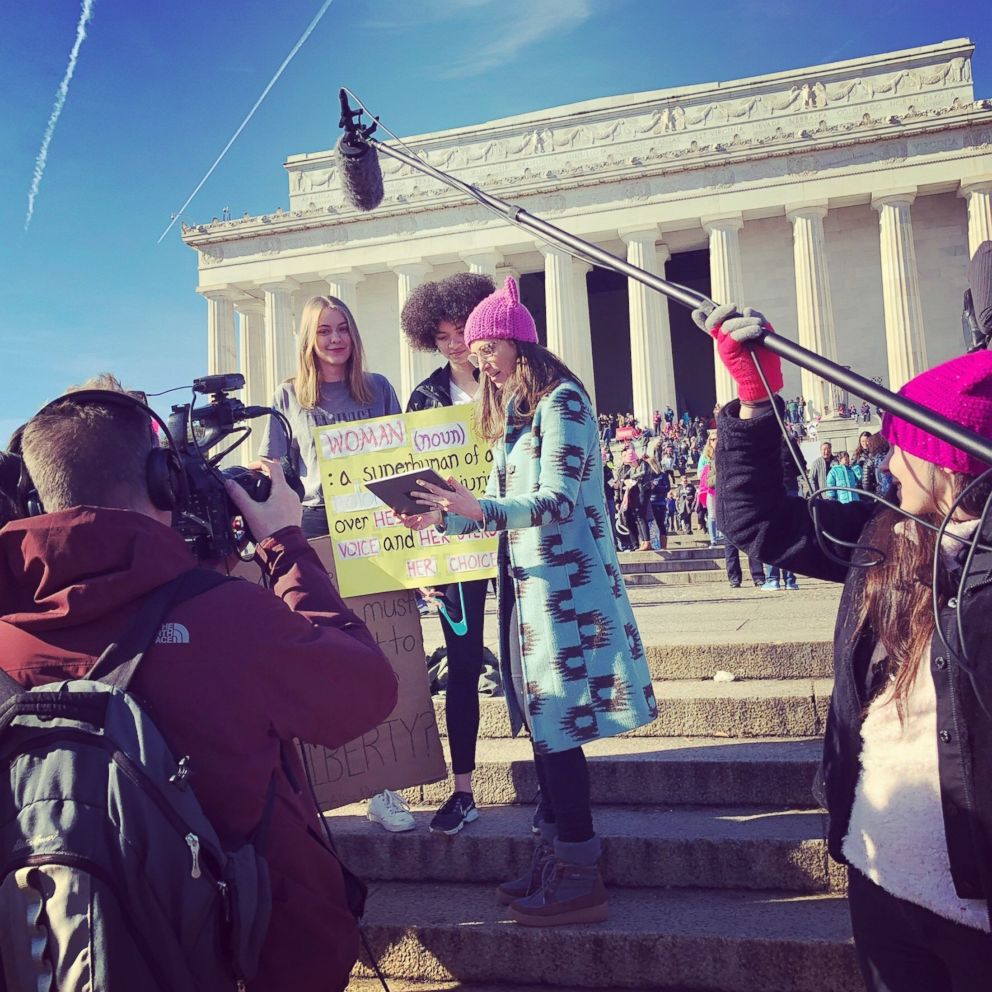 PHOTO: Sarah Sherman speaks to other women at the 2018 Women's March in Washington, D.C.