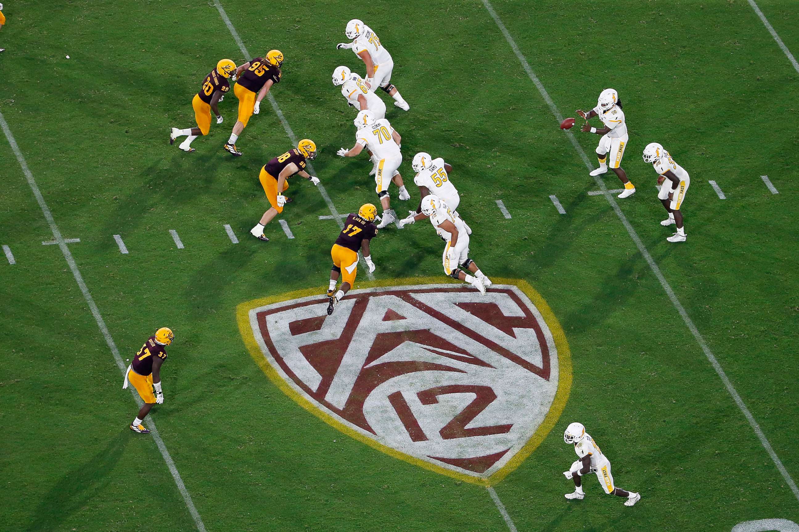 PHOTO: The Pac-12 logo during the second half of an NCAA college football game between Arizona State and Kent State, in Tempe, Ariz.