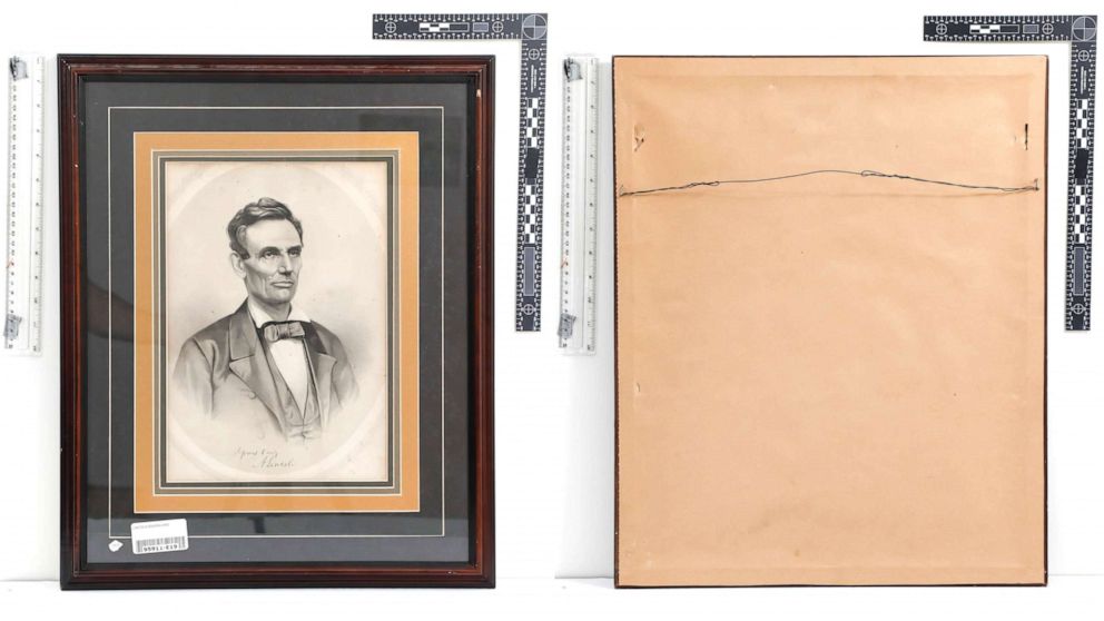 PHOTO: A sketched black and white portrait of President Lincoln. Front and back of framed artwork.