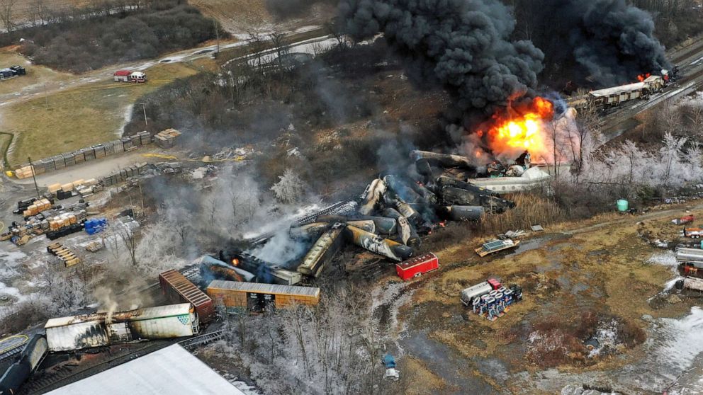 PHOTO: This photo taken with a drone shows portions of a Norfolk and Southern freight train that derailed Friday night in East Palestine, Ohio are still on fire at mid-day Saturday, Feb. 4, 2023.