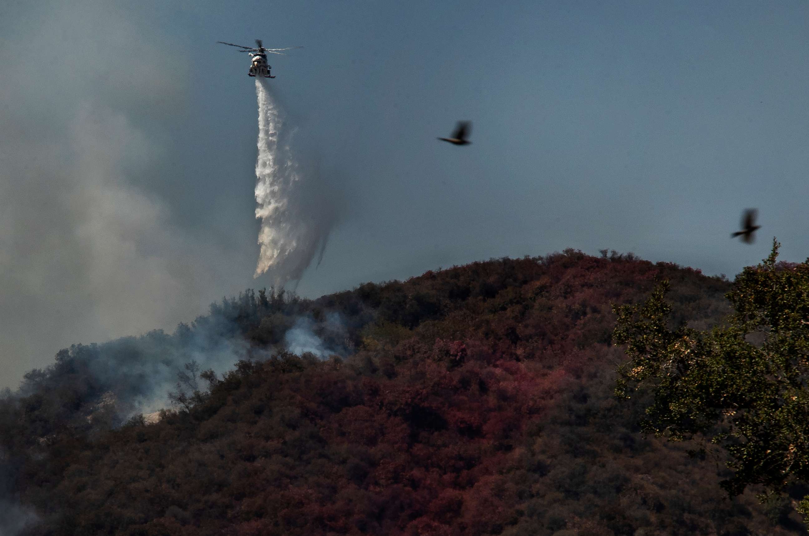 PHOTO: Firefighters battle a brush fire from a helicopter in Pacific Palisades in California, May 17, 2021.