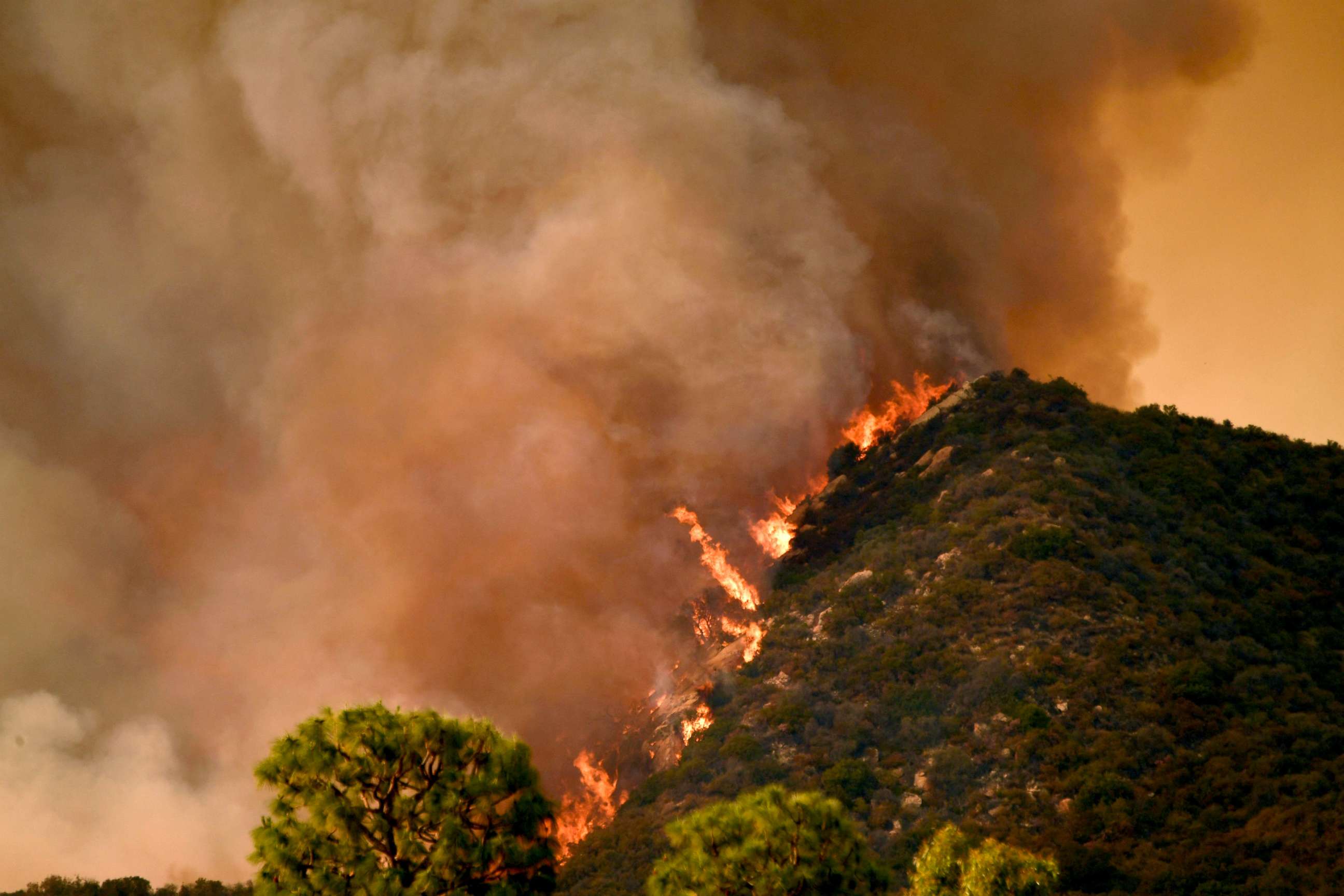 PHOTO: Flames from the Palisades fire are seen cresting a hill in Topanga State Park in Los Angeles, May 15, 2021.