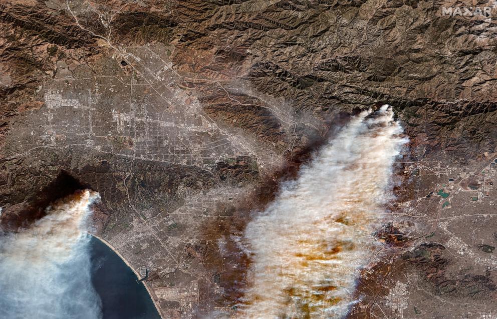 PHOTO: Overview of Palisades and Eaton Wildfires in a satellite image provided by MaxarTechnologies.