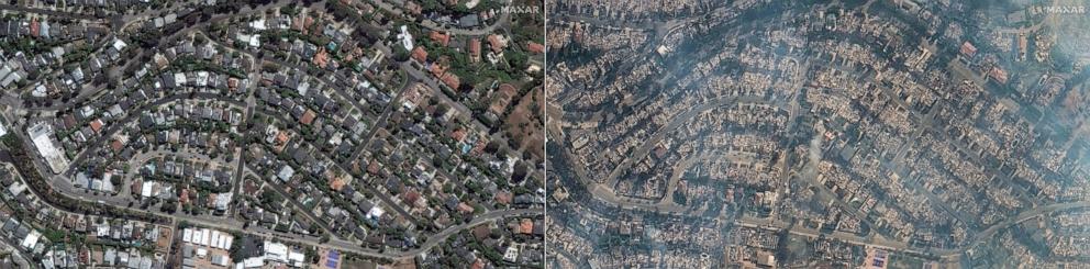 PHOTO: The Pacific Palisades are seen before and after a fire swept through the area in a satellite image provided by MaxarTechnologies.