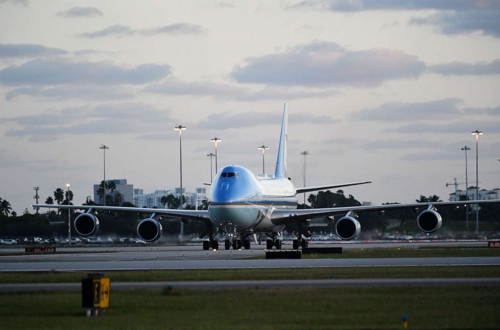 PHOTO: Air Force One, carrying US President Donald Trump, is seen shortly after landing at Palm Beach International Airport in West Palm Beach, Florida, Nov. 29, 2019.