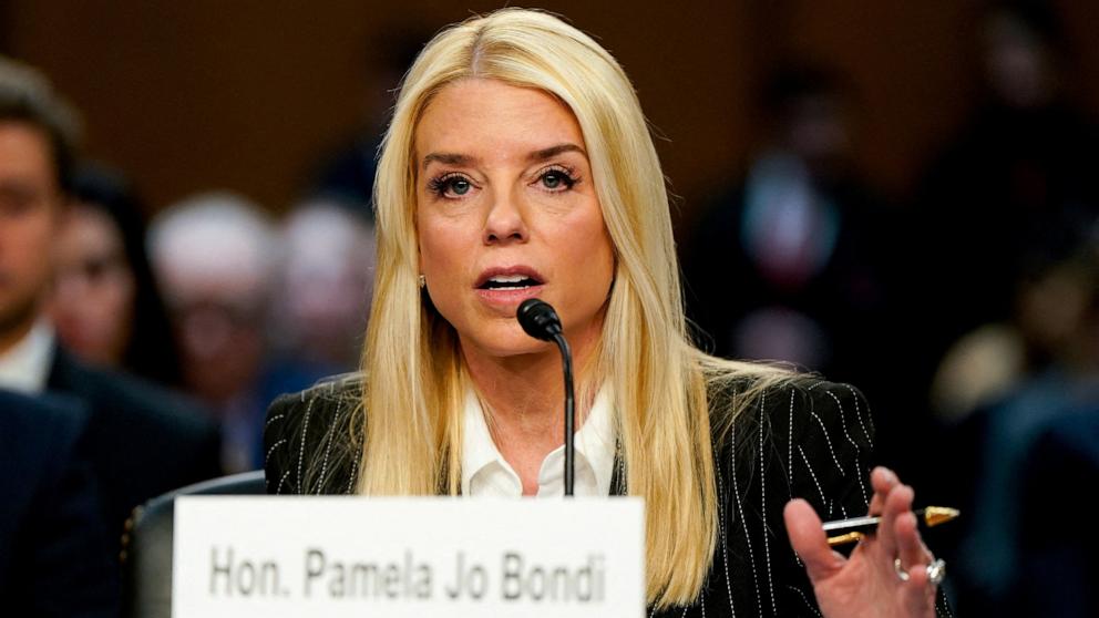 PHOTO: Pam Bondi, U.S. President-elect Donald Trump's nominee to be attorney general, testifies at a Senate Judiciary Committee confirmation hearing on Capitol Hill in Washington, Jan. 15, 2025.
