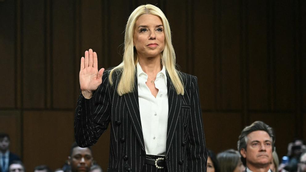 PHOTO: Former Florida Attorney General Pam Bondi is sworn in during a Senate Judiciary Committee hearing on her nomination to be Attorney General, on Capitol Hill, in Washington, Jan. 15, 2025.