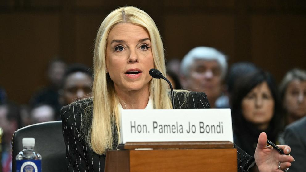 PHOTO: Former Florida Attorney General Pam Bondi testifies before a Senate Judiciary Committee hearing on her nomination to be US Attorney General, on Capitol Hill in Washington, Jan. 15, 2025.