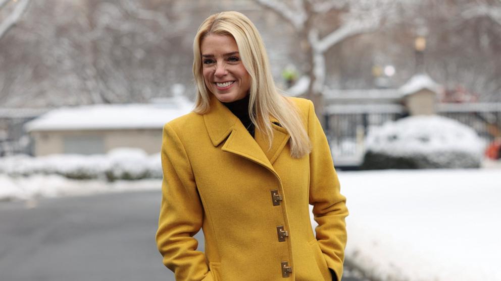 PHOTO: U.S. Attorney General Pam Bondi smiles after an interview at the White House in Washington, Feb. 12, 2025.
