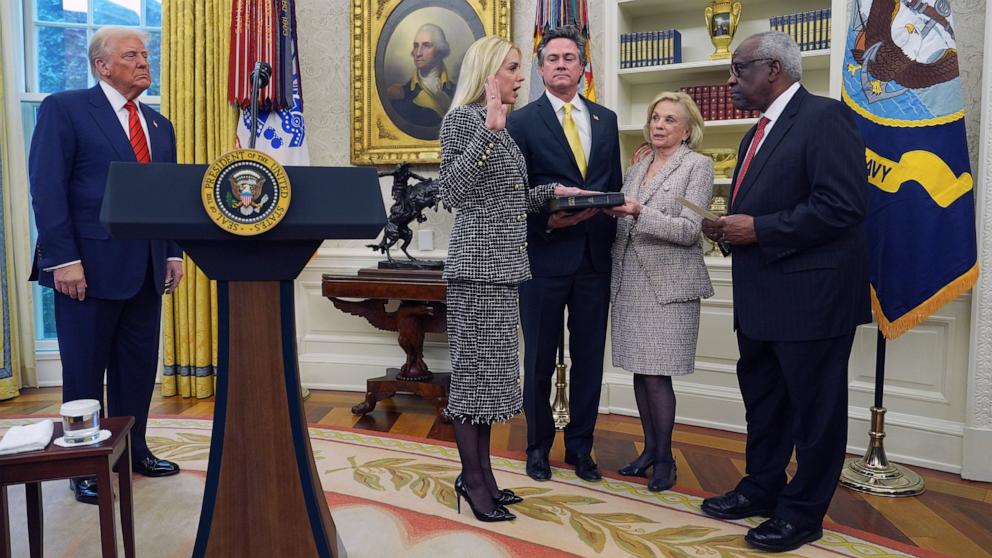 PHOTO: Pam Bondi is sworn in as Attorney General by Supreme Court Associate Justice Clarence Thomas, as President Donald Trump and John Wakefield and Patsy Bondi, look on, in the Oval Office of the White House, Feb. 5, 2025, in Washington. 