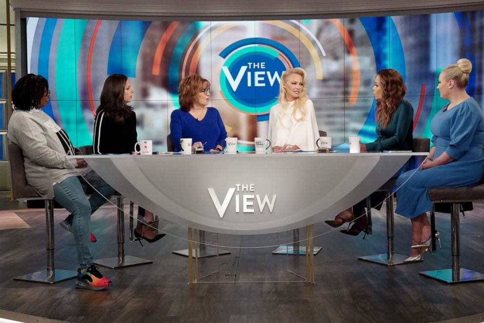 PHOTO: Pamela Anderson speaks out about Julian Assange with "The View" co-hosts Whoopi Goldberg, Abby Huntsman, Joy Behar, Sunny Hostin, and Meghan McCain, Sept. 6, 2019, in her first TV interview since visiting him in May.