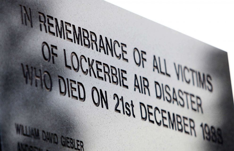 PHOTO: FILE - Part of the main memorial stone to the victims of the Pan Am flight 103 bombing in the garden of remembrance at Dryfesdale Cemetery, near Lockerbie, Scotland, Dec. 20, 2008.