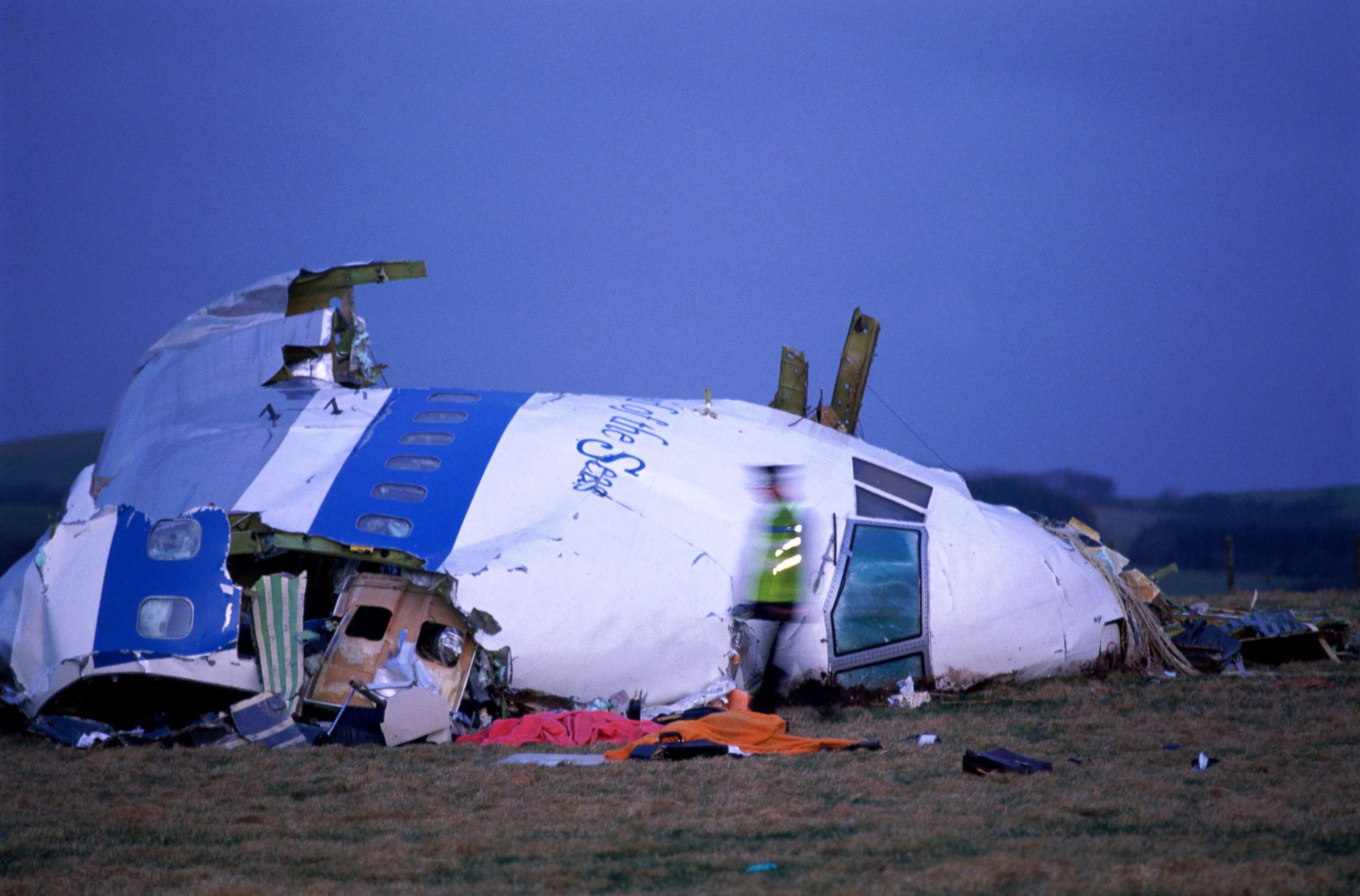PHOTO: FILE - The early morning scene in Lockerbie after Flight Pan Am 103 crashed into the town, Dec., 22, 1988. 
