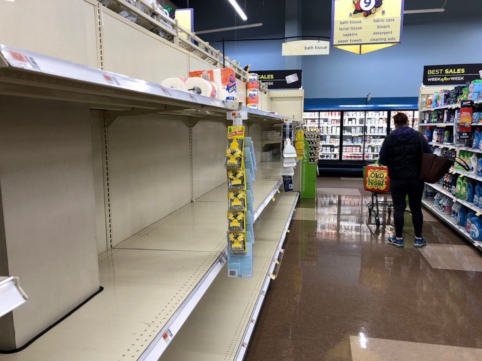 PHOTO: Toilet paper shelves lay empty at a supermarket in Saugus, Mass., March 13, 2020. Supermarkets and shops around Boston have been emptied by customers in fear of Covid-19. 