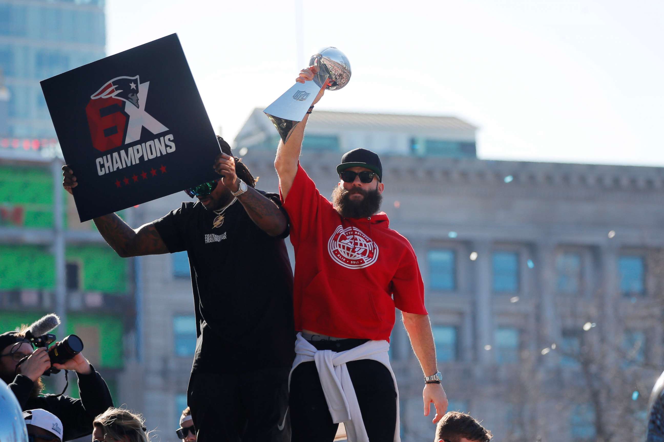 PHOTO: Super Bowl MVP New England Patriots wide receiver Julian Edelman carries a Lombardi trophy during a victory parade after winning Super Bowl LIII, in Boston, Feb. 5, 2019.   