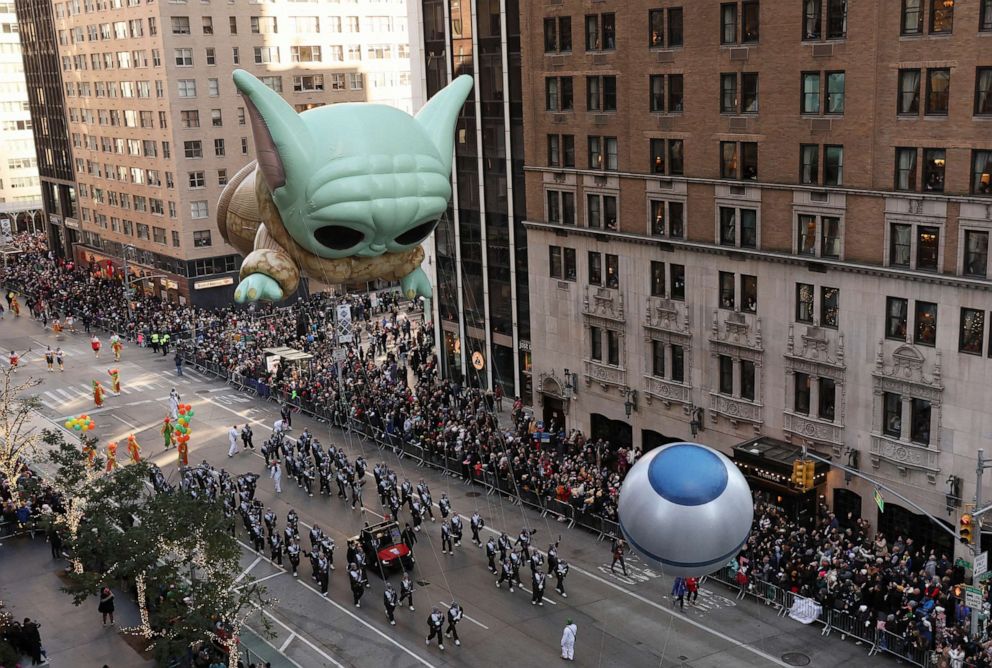PHOTO: Grogu balloon flies during the 96th Macy's Thanksgiving Day Parade in New York, Nov. 24, 2022. 