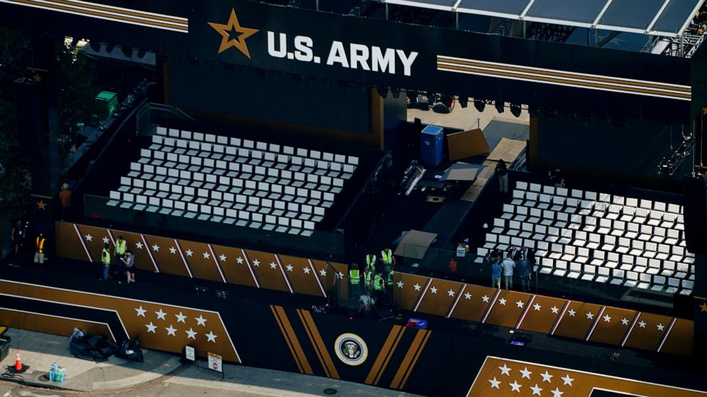 PHOTO: Preparations continue on the presidential viewing stand for the U.S. Army's 250th Birthday Festival and Parade in Washington, June 13, 2025.
