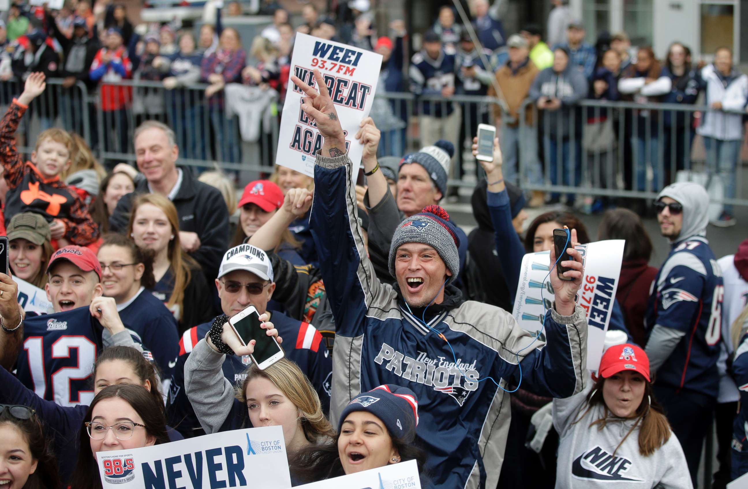 PHOTO: Fans wait for the New England Patriots parade to through downtown Boston, Feb. 5, 2019, to celebrate their win over the Los Angeles Rams in Sunday's NFL Super Bowl 53 football game.