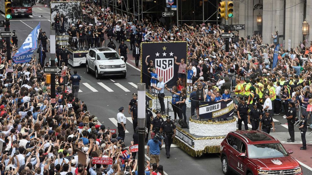 PHOTO: Fans line the streets for the parade honoring the U.S. Women's World Cup team for their championship win, July 10, 2019, in New York.