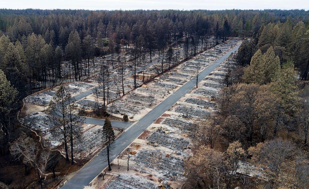 PHOTO: In this file photo taken on Dec. 3, 2018, homes leveled by the Camp Fire line the Ridgewood Mobile Home Park retirement community in Paradise, California.