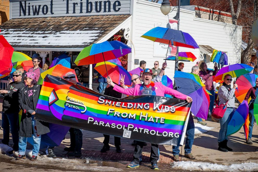 PHOTO: The Parasol Patrol uses rainbow umbrellas to protect children and families from facing hate groups protesting their events.