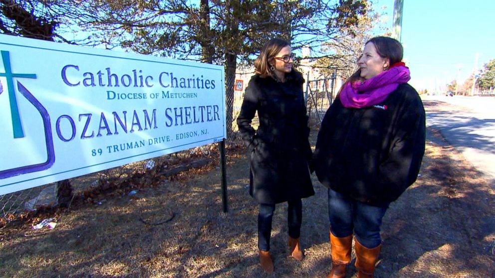 PHOTO: Ellen Eberle and ABC News' Paula Faris stand outside of the homeless shelter where Eberle says she lived with her children shortly after she separated from their father.