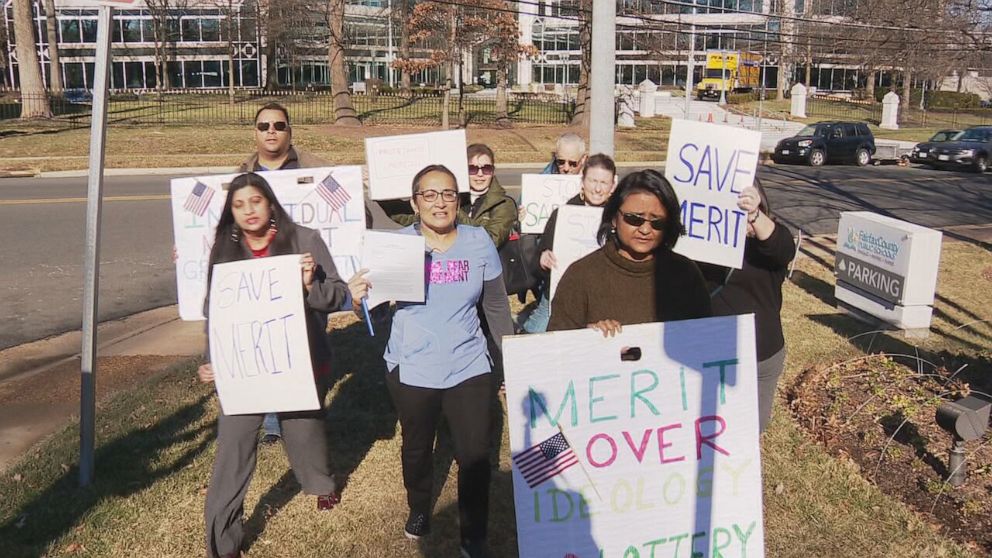 PHOTO: Parents picket about the merit controversy in Fairfax County, Virginia, on Jan. 14, 2023.