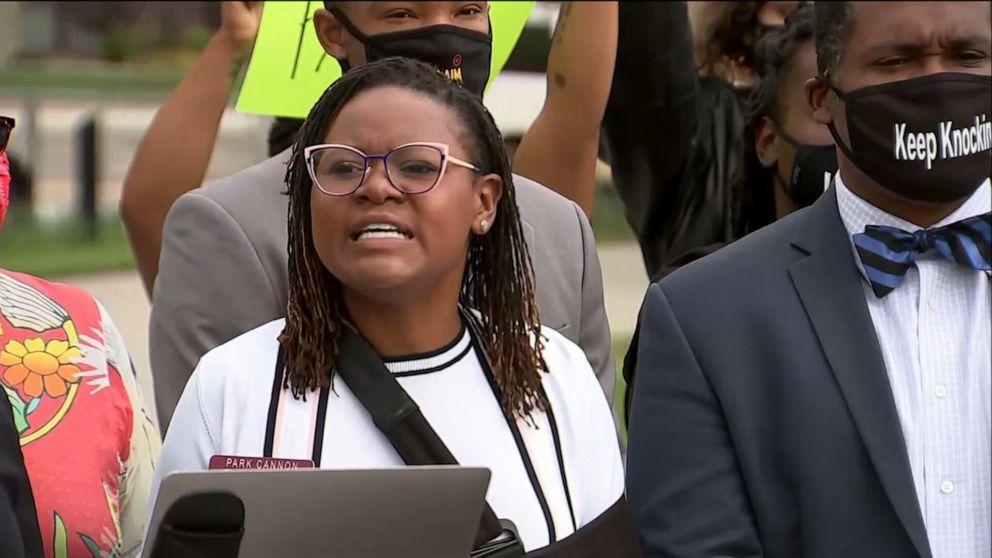 PHOTO: Rep. Park Cannon speaks at a press conference in Atlanta, April 8, 2021.