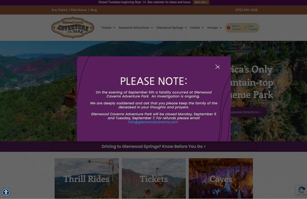 PHOTO: The Glenwood Caverns Adventure Park's website posted a notice about the closure after a death occurred at the park on Sept. 5, 2021.