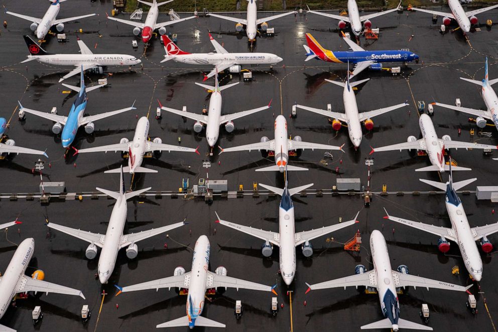 PHOTO: Boeing 737 Max airplanes sit parked at the company's production facility on Nov. 18, 2020, in Renton, Wash.