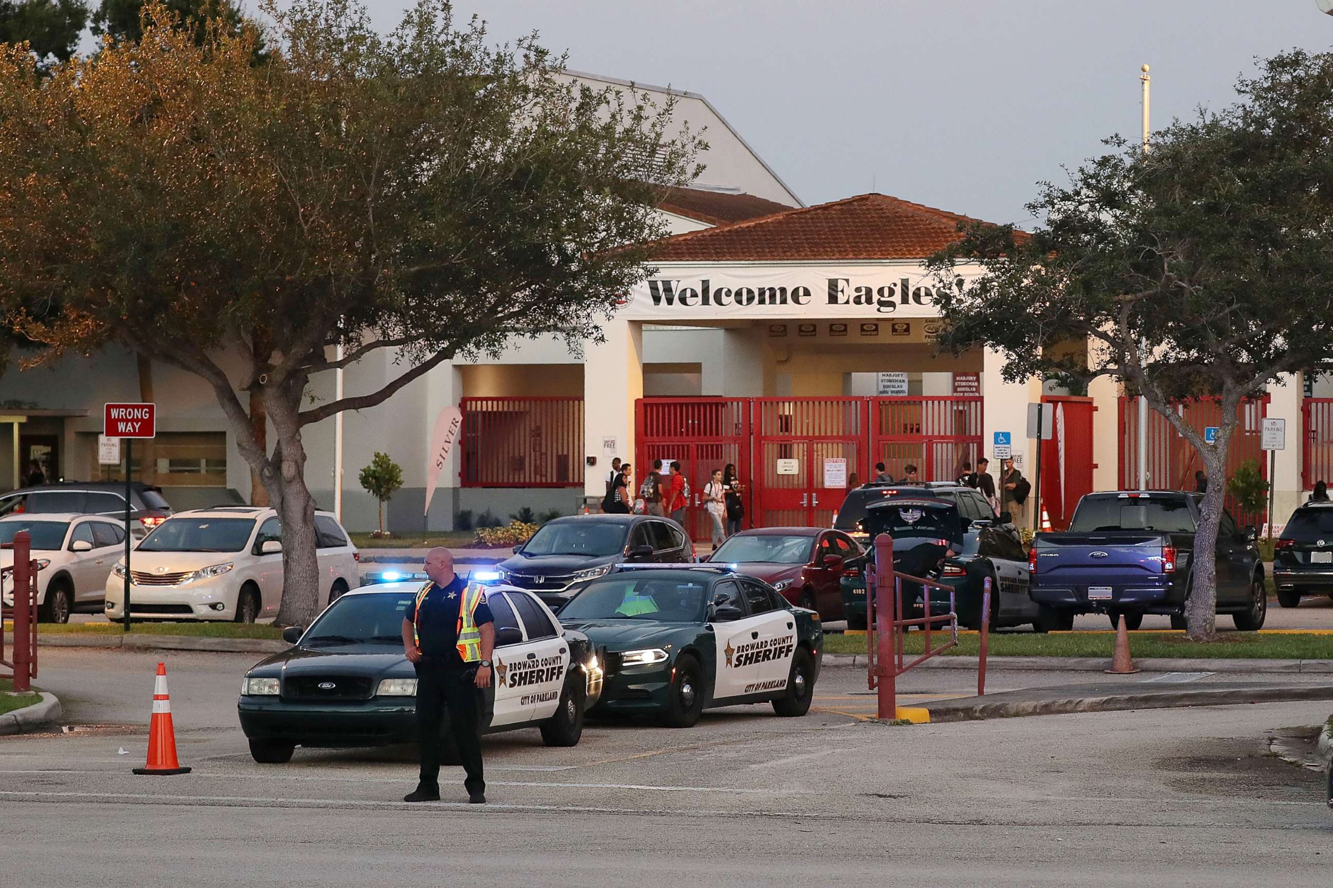 PHOTO: Police keep the campus secure as students arrive at Marjory Stoneman Douglas High School on the first day of school on Aug. 15, 2018, in Parkland, Fla.